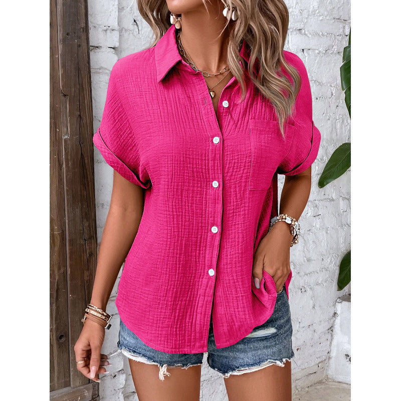 Cotton Solid Color Casual Button Shirt with Pocket