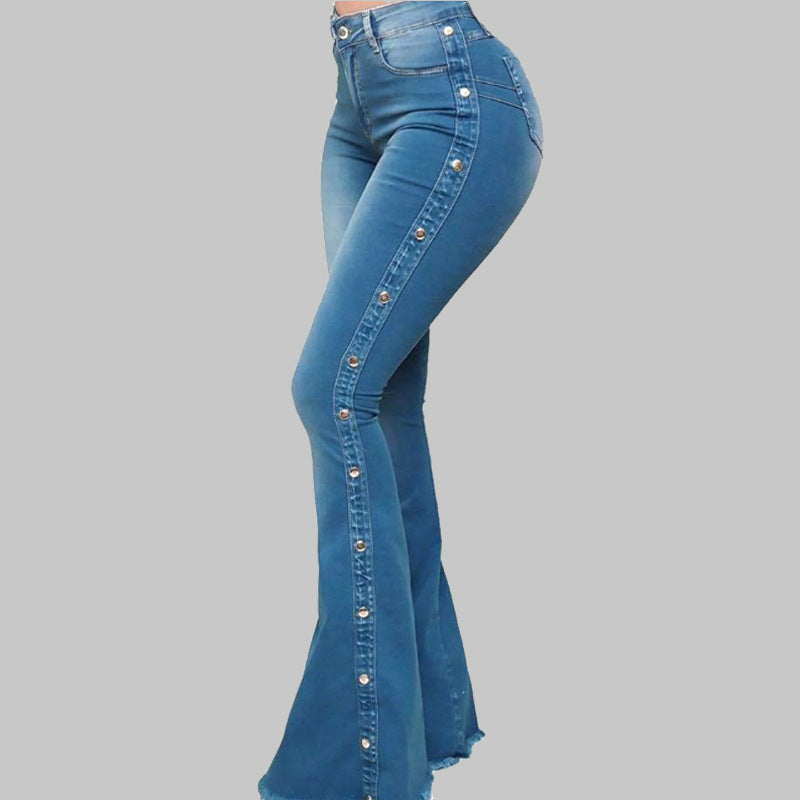 High Waist Stretch Flared w/Side Buttons