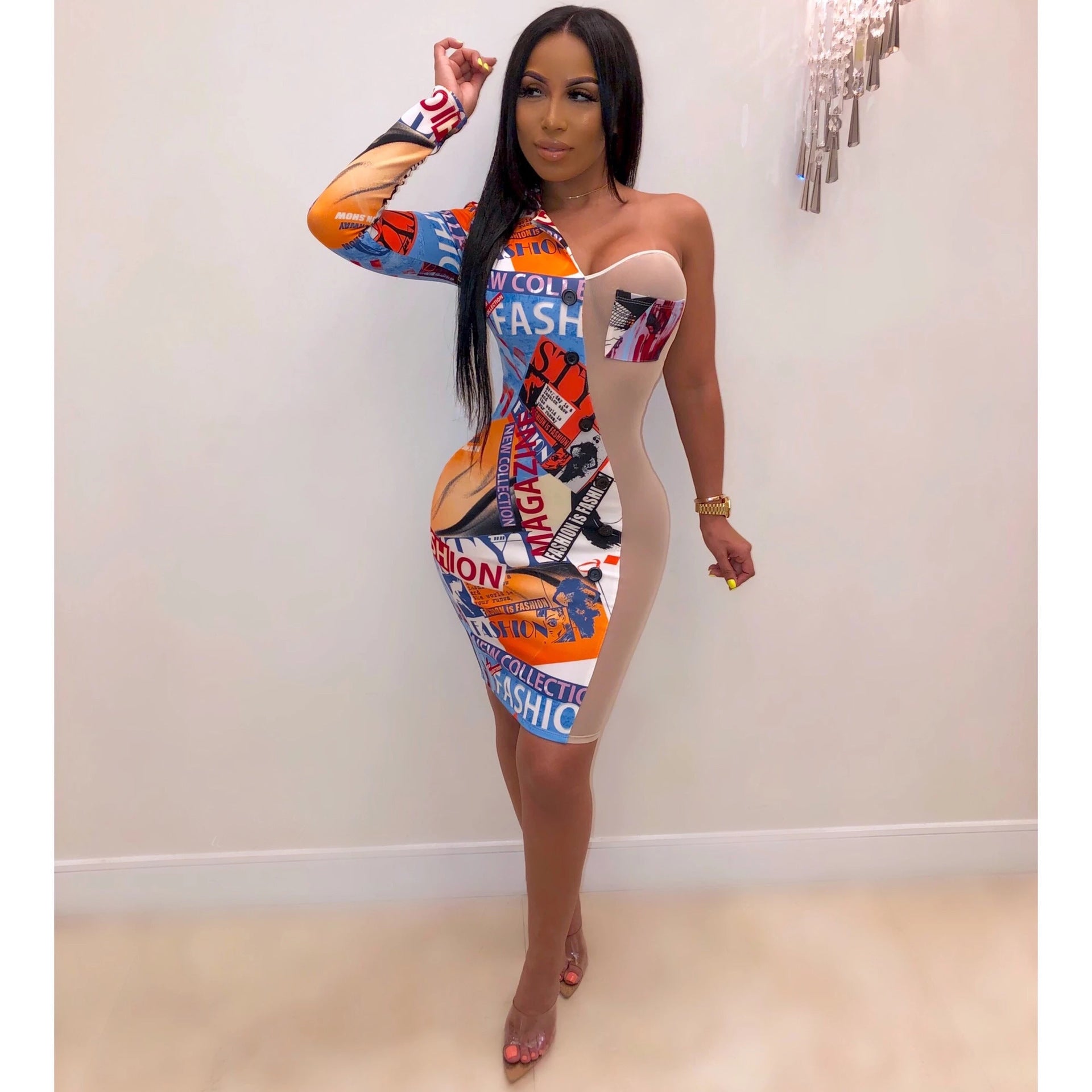 Mesh Openwork Printed Design Dress