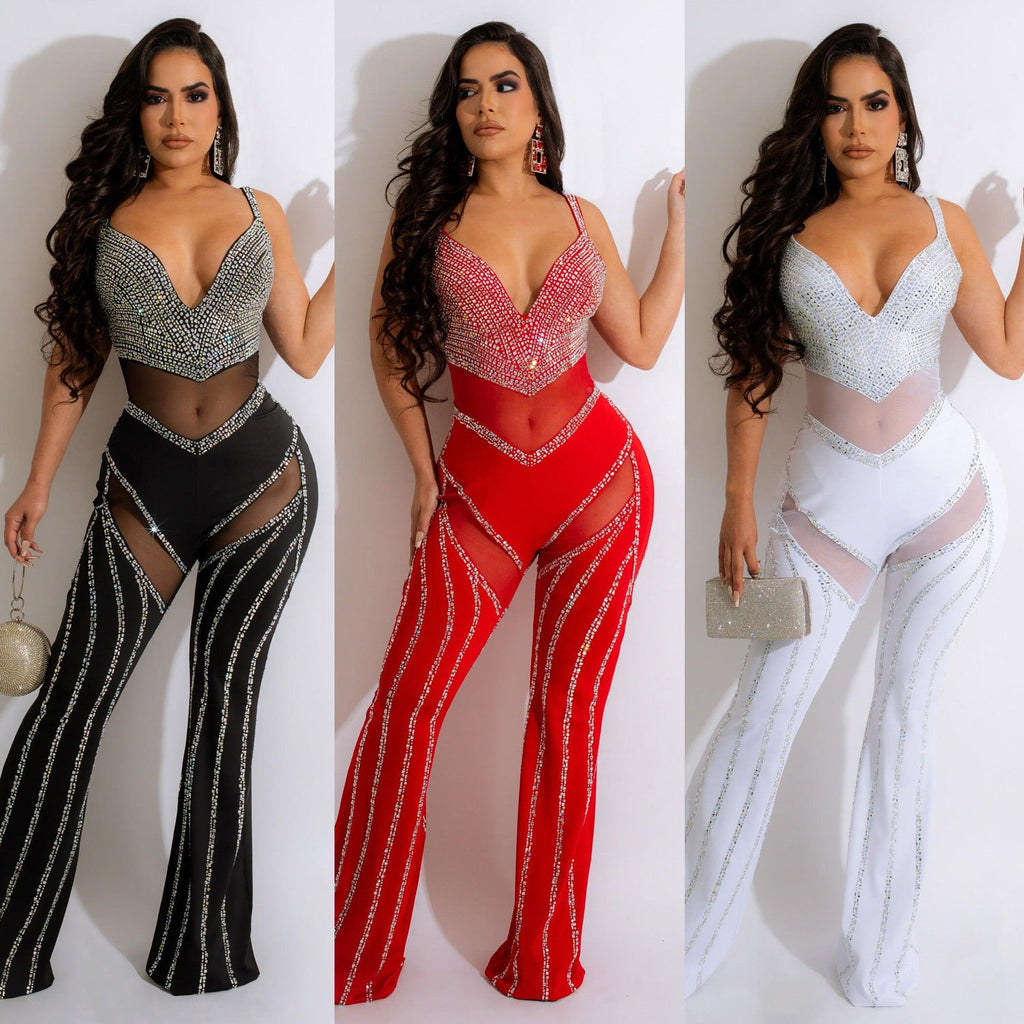 See-through Deep V Rhinestone Jumpsuit