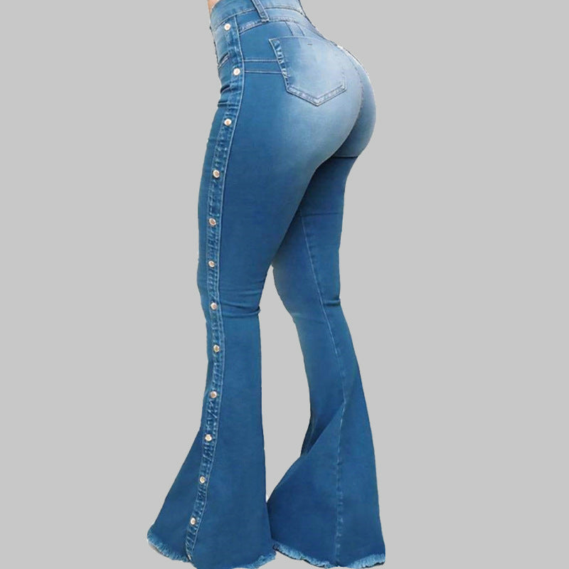 High Waist Stretch Flared w/Side Buttons