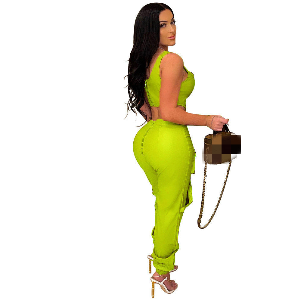 Solid Color Sleeveless Two Pc Pant Set