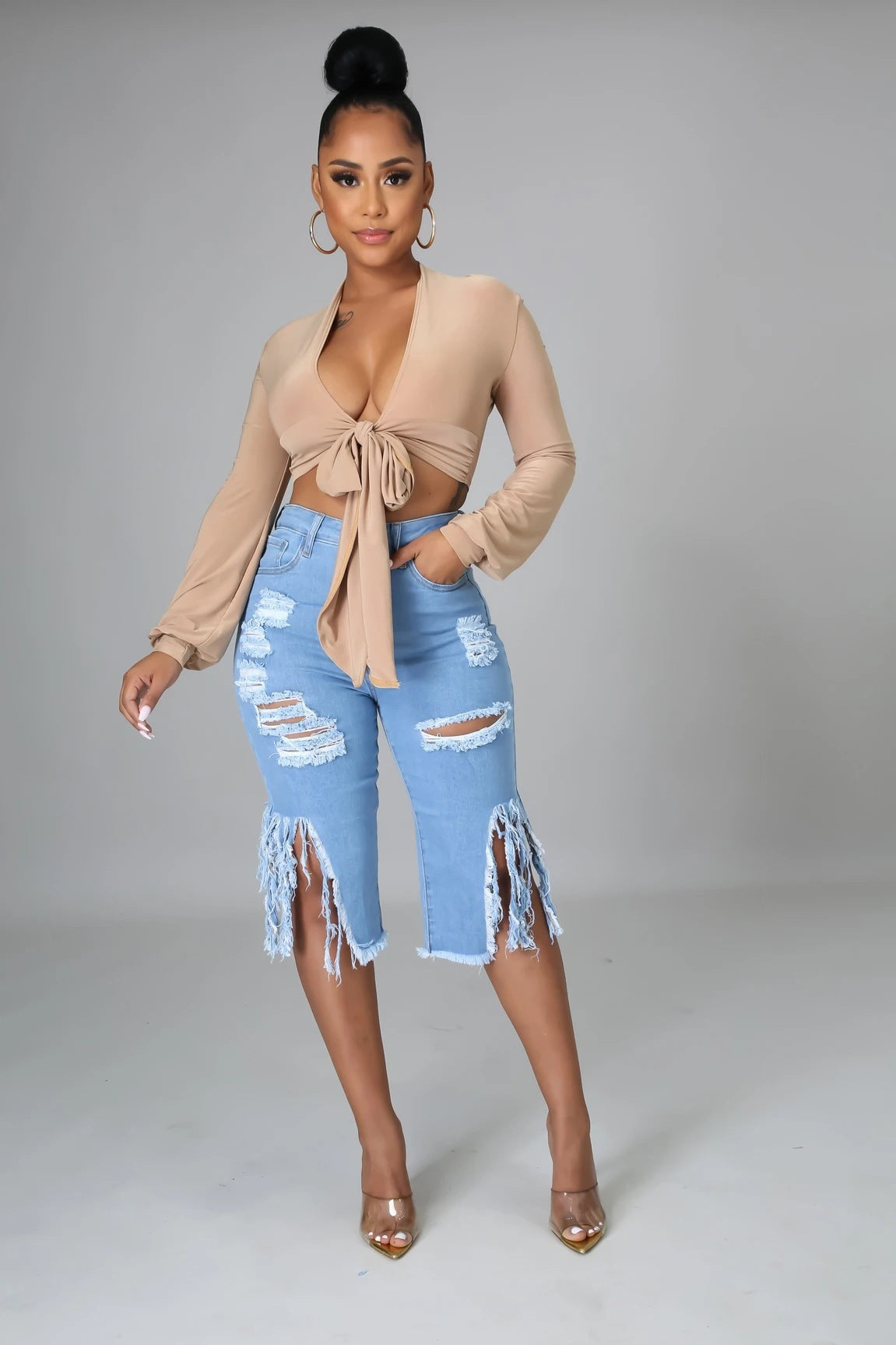 Stylish Ripped Elastic Fringed Jeans High Waist Knee-length Casual Slim Fit