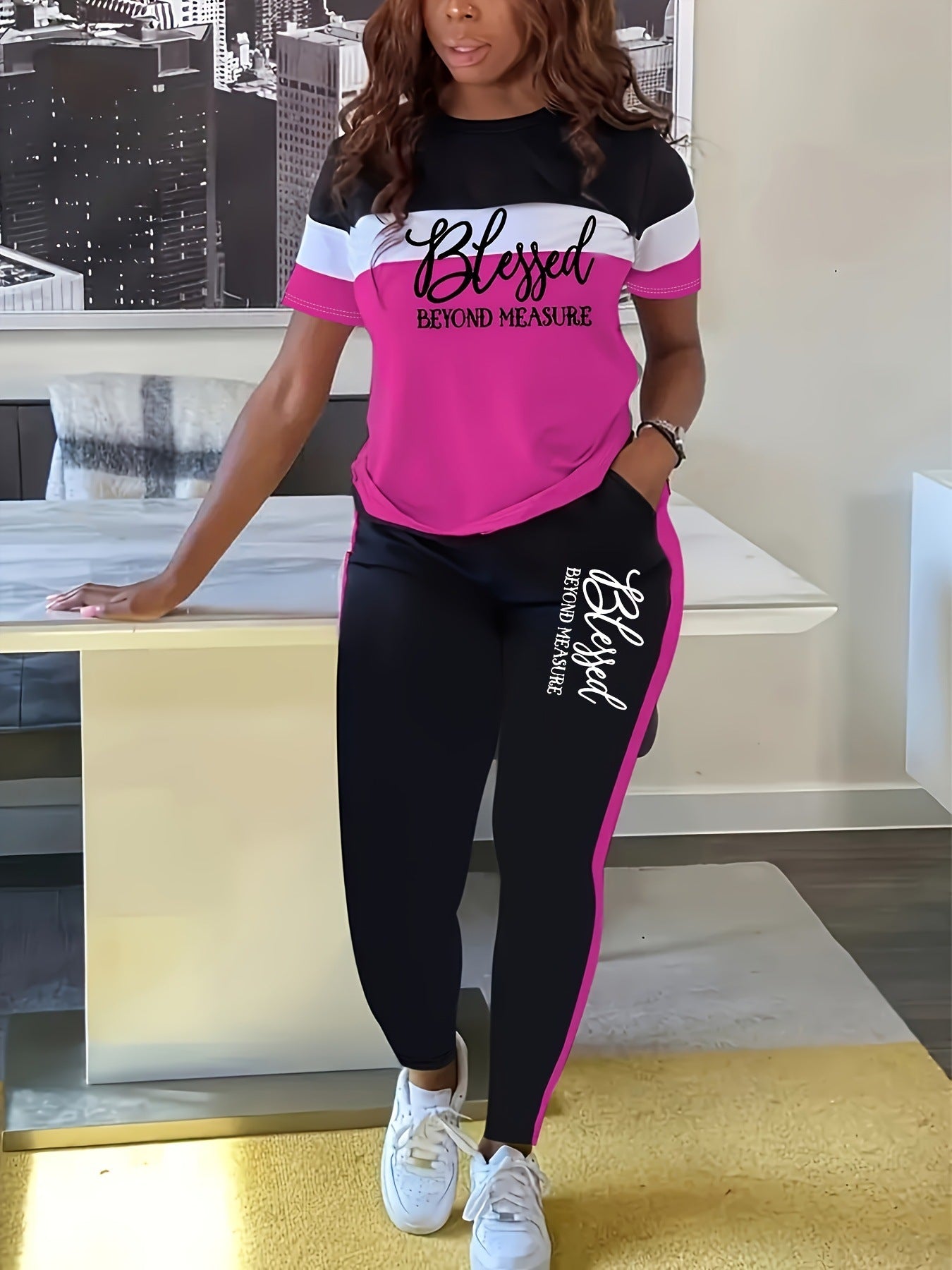 Contrast Color Striped Short Sleeve with Wide Leg Pants Set