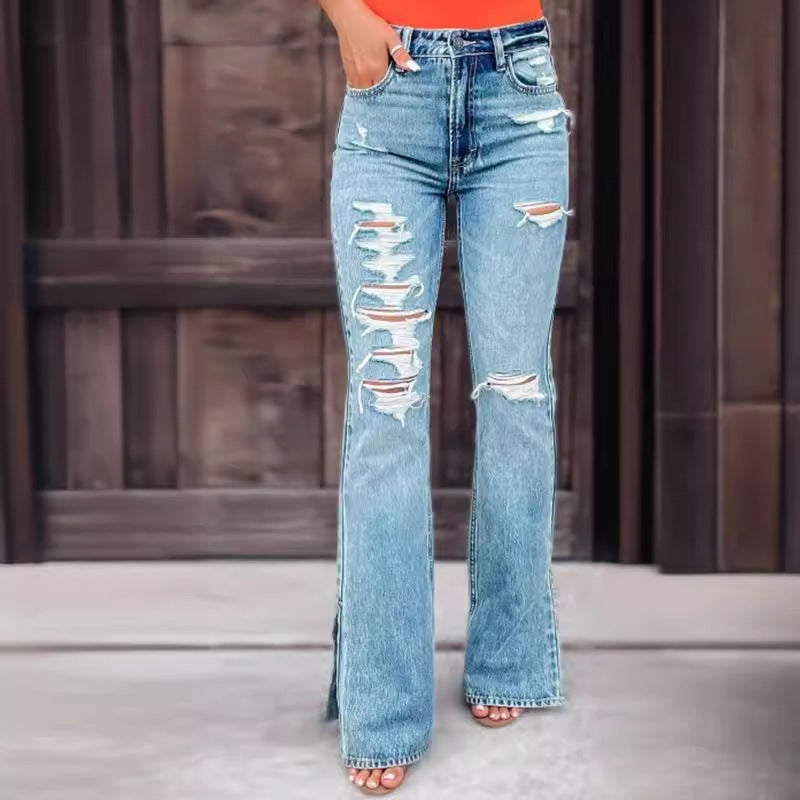 High Waist Ripped Slightly Stretch Split Jeans