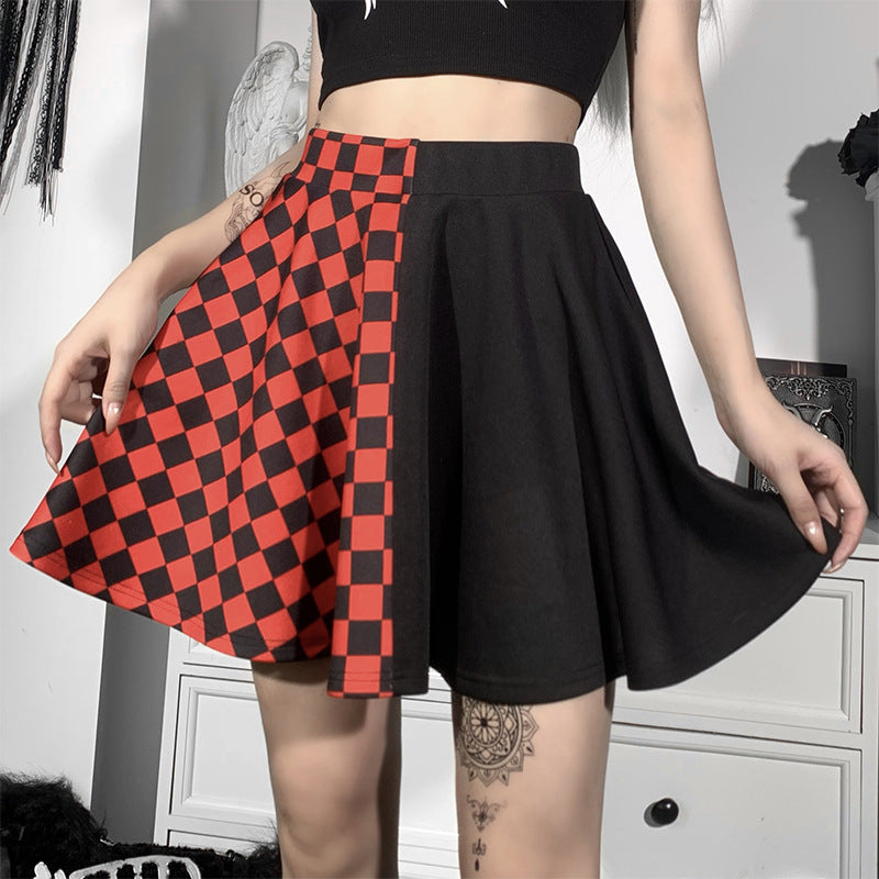 Dark Girl Color Contrast Plaid Stitching Skirt High Waist Skirt