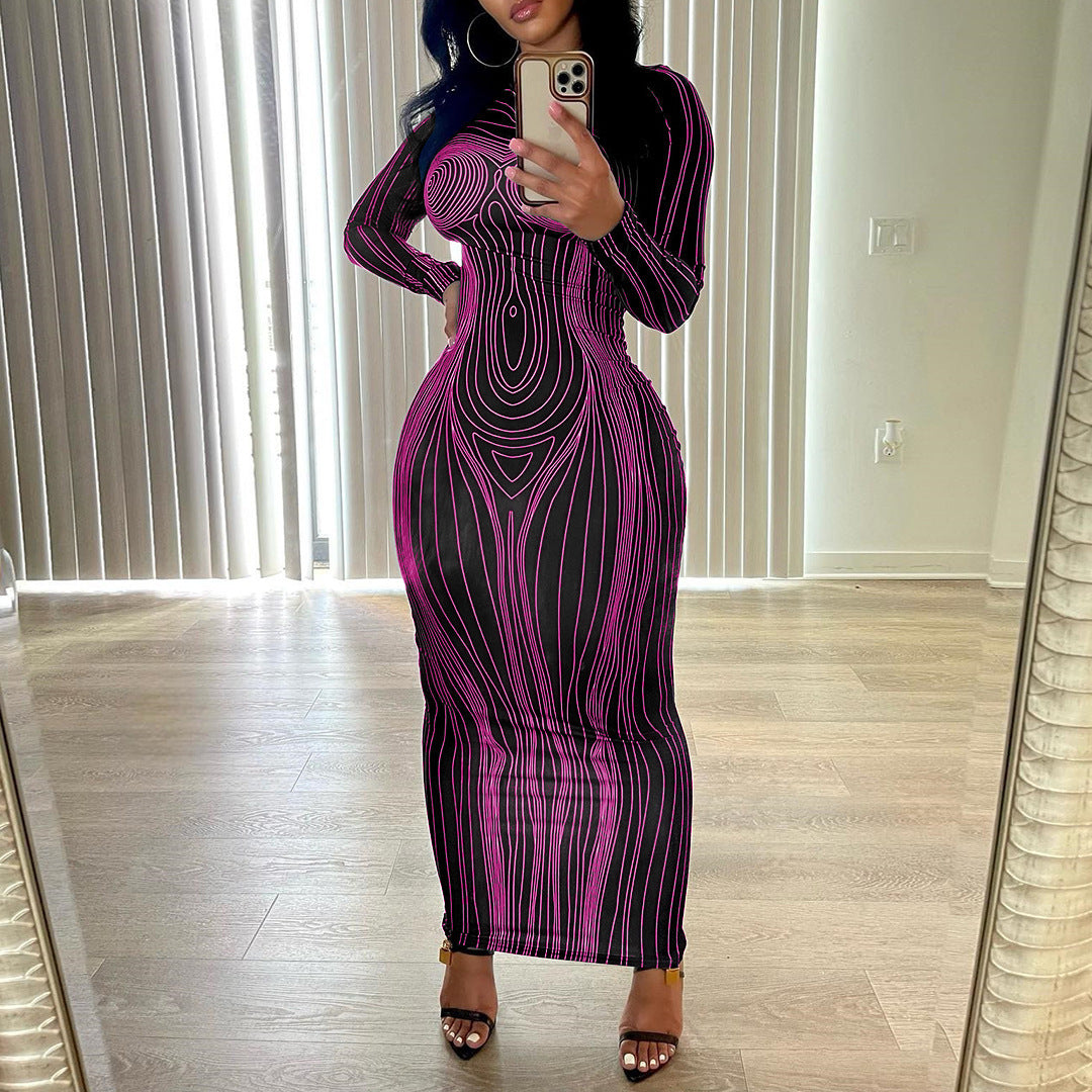 Long Sleeve Round Neck Fashion Printed Slim Fit Sheath Bottom Dress