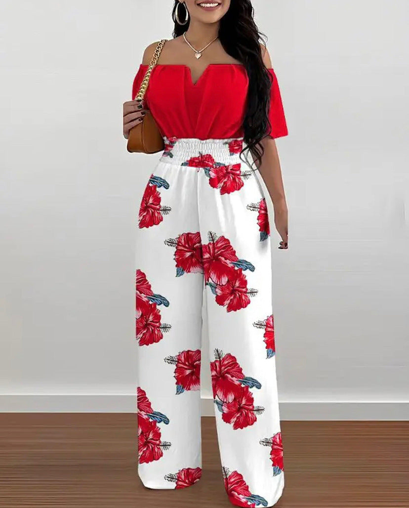 Printed Off-shoulder Fitted Waist Jumpsuit
