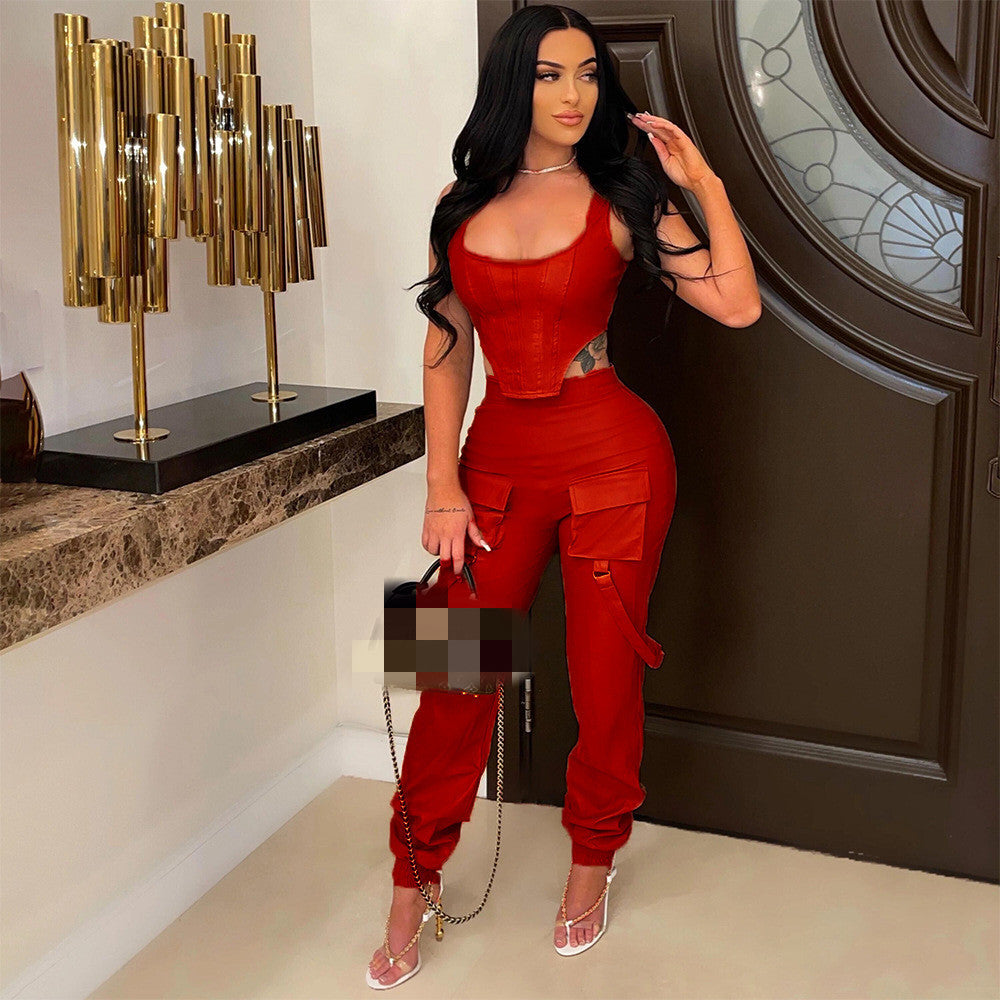 Solid Color Sleeveless Two Pc Pant Set
