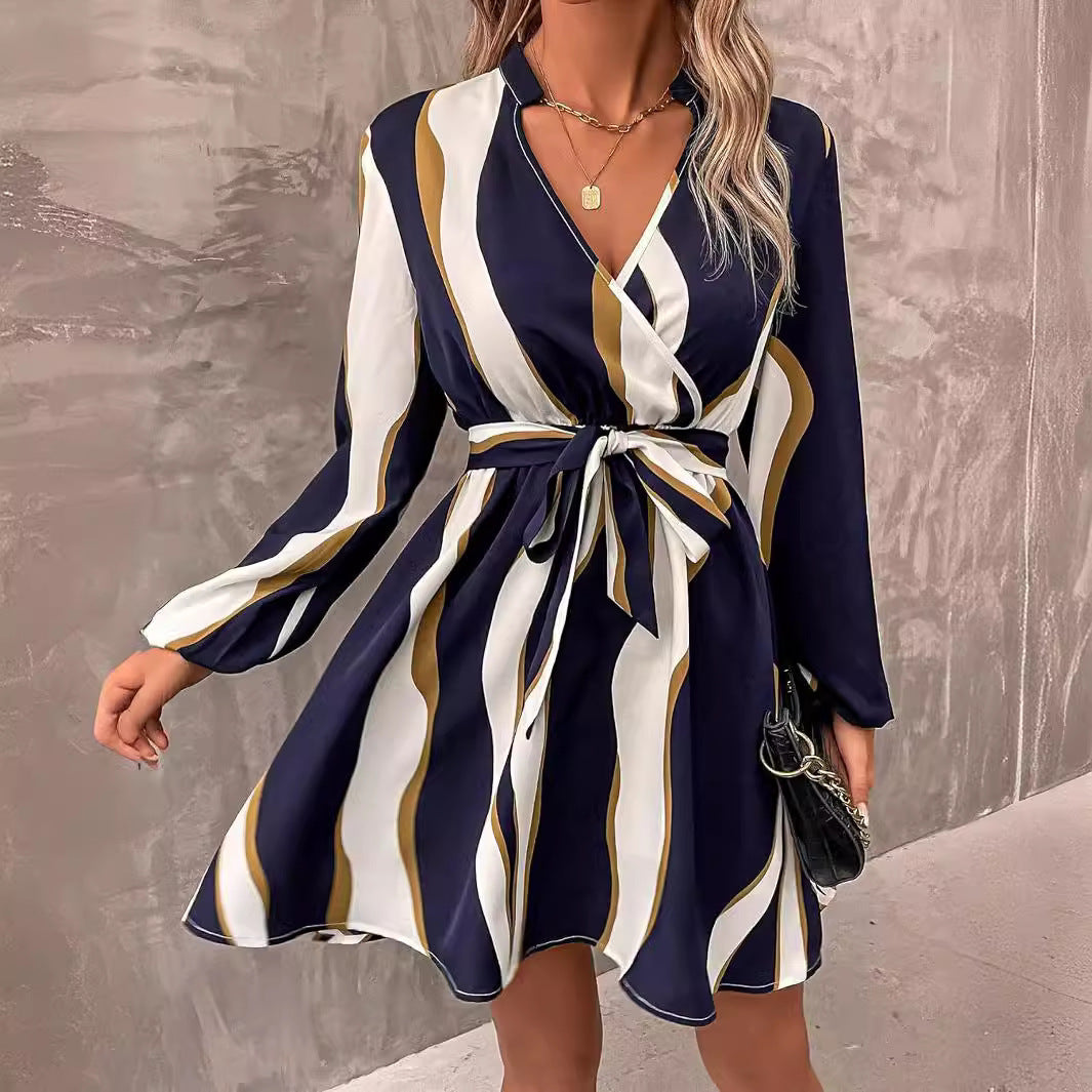 Printed V-neck Dress w/Belt