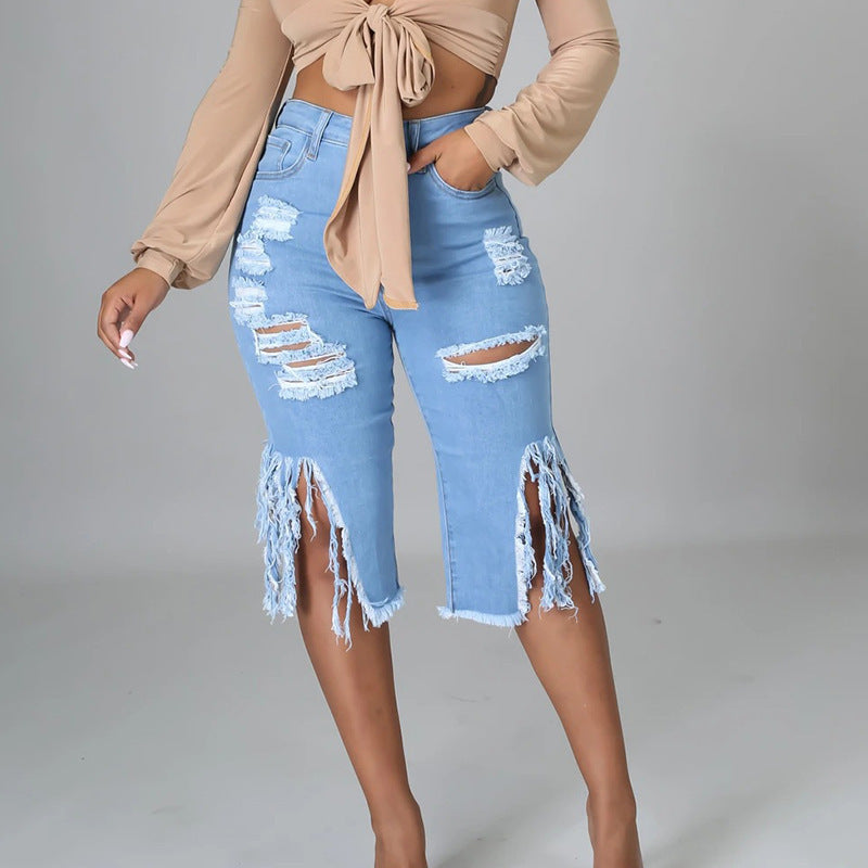 Stylish Ripped Elastic Fringed Jeans High Waist Knee-length Casual Slim Fit