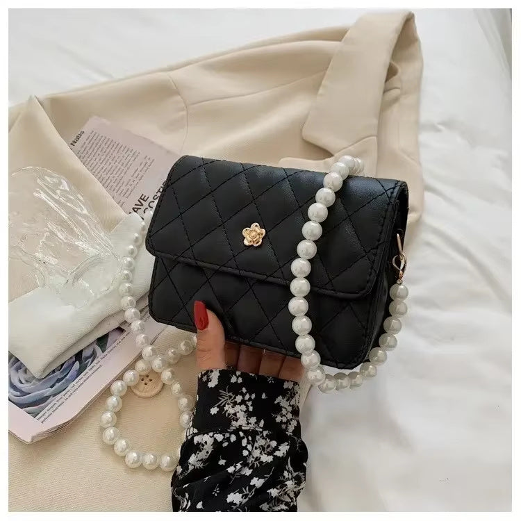 Diamond Grid Pearl Chain Cross-body Bag