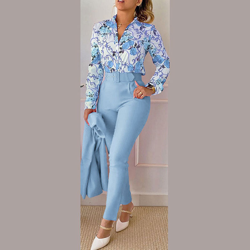 Elegant Printed Trousers Long Sleeve Pant Set