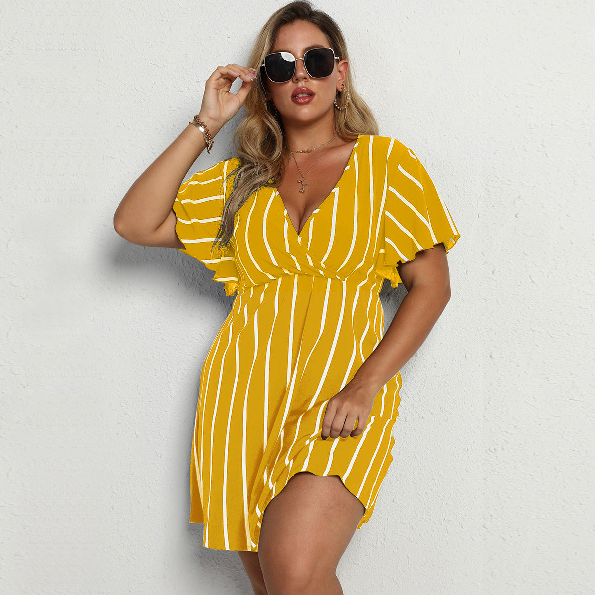Loose V-Neck Patchwork Striped Dress