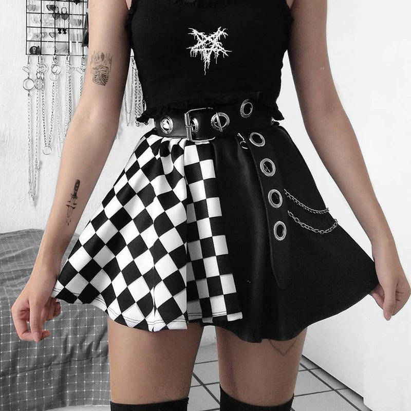 Dark Girl Color Contrast Plaid Stitching Skirt High Waist Skirt