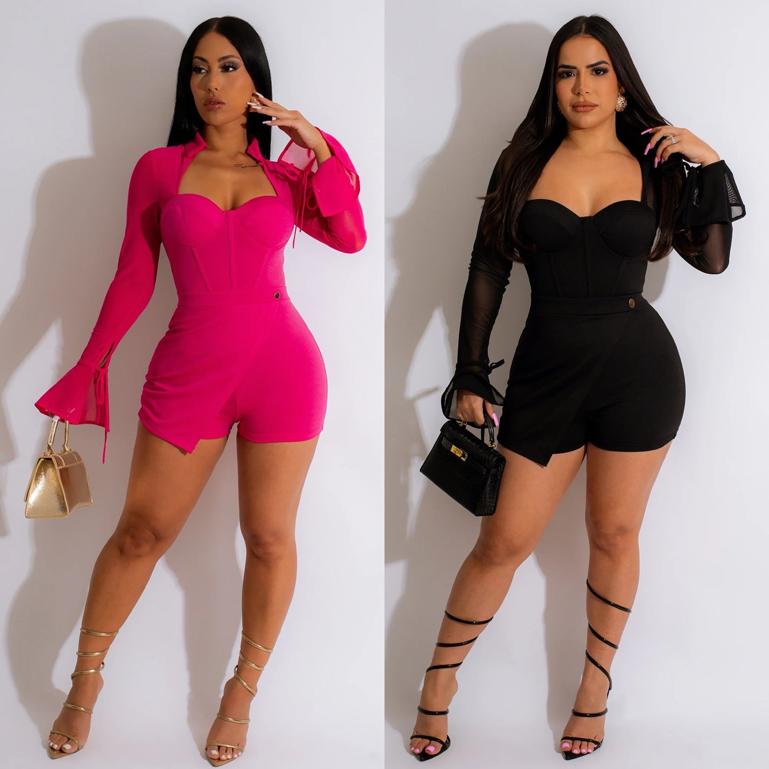 Mesh See-through Bell Sleeve Jumpsuit