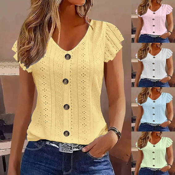 Solid Color Jacquard V-neck Buttons Long Sleeve Top