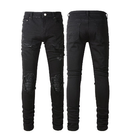 Slim Fit Straight Knee Hole Stretch Denim Jeans