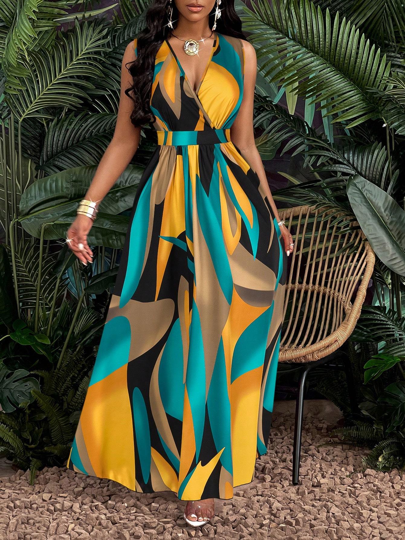 Printed Deep V Neckline Cinched Waist Fit and Flare Dress