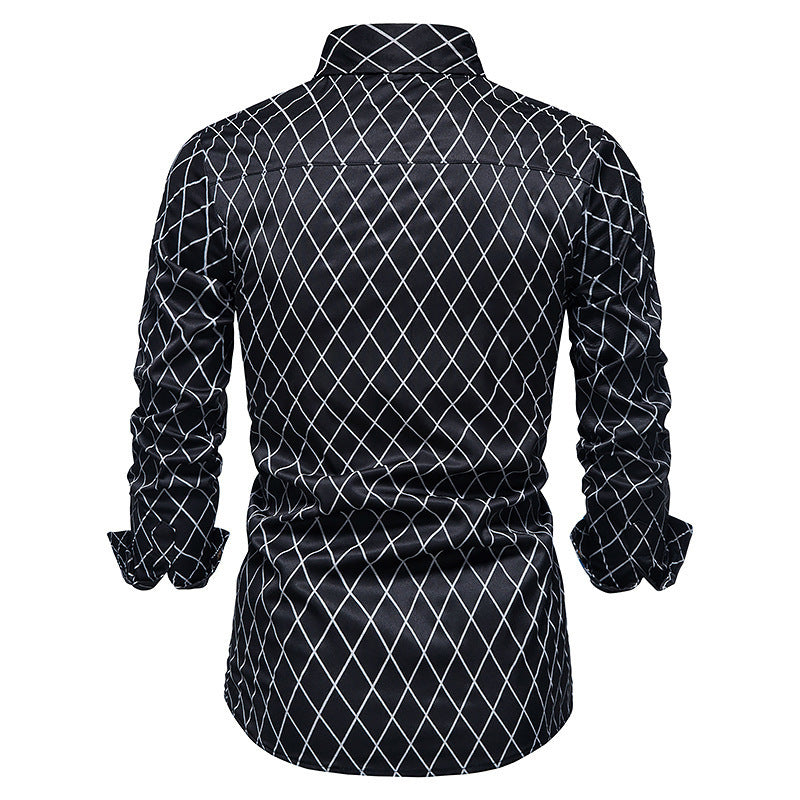 Contrast Color Long-sleeved Diamond Check Button Shirt