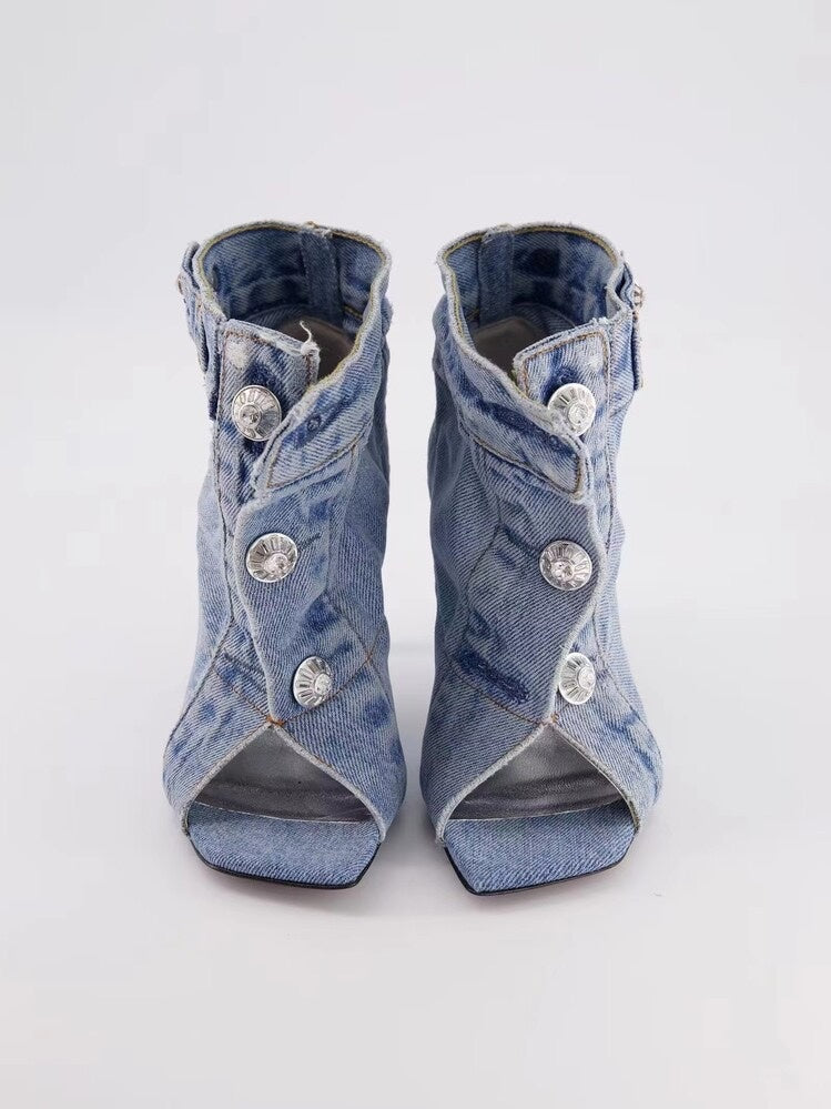 Rivets Denim Short Ankle Heels