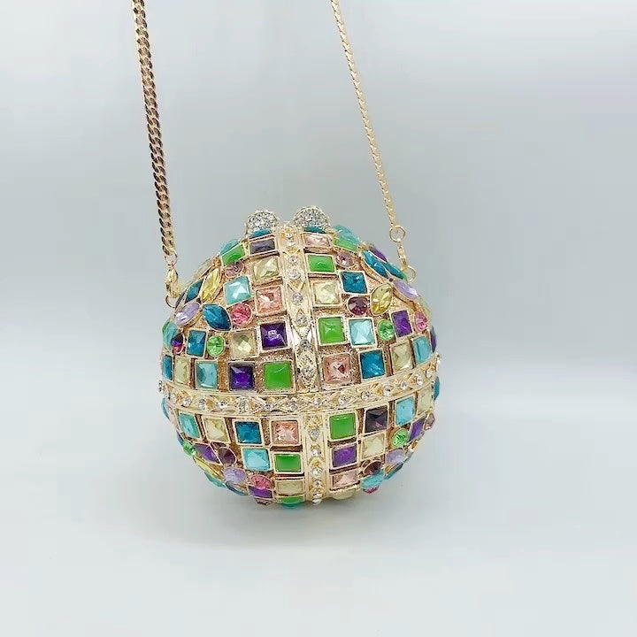 Multicolored Glass Rhinestone Round Ball Bag with an Empty Diamond
