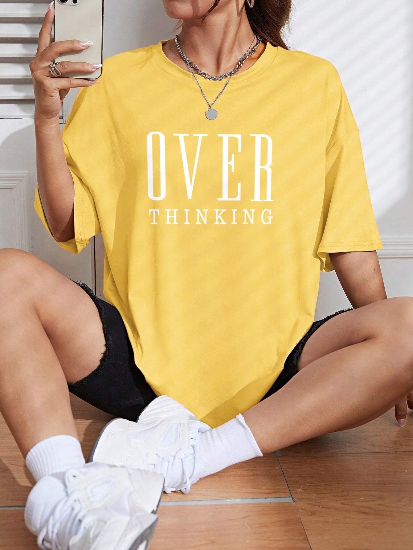Over Thinking Letter Print Cotton Short Sleeve Top