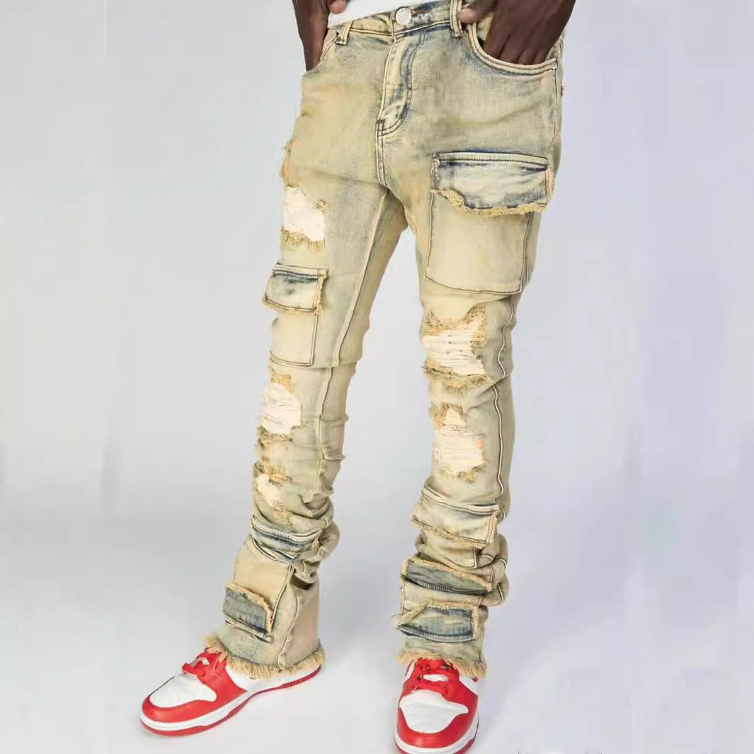 Straight-leg Overalls Stretch Ripped Laminated Micro-Pull Pants