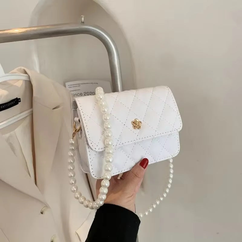 Diamond Grid Pearl Chain Cross-body Bag