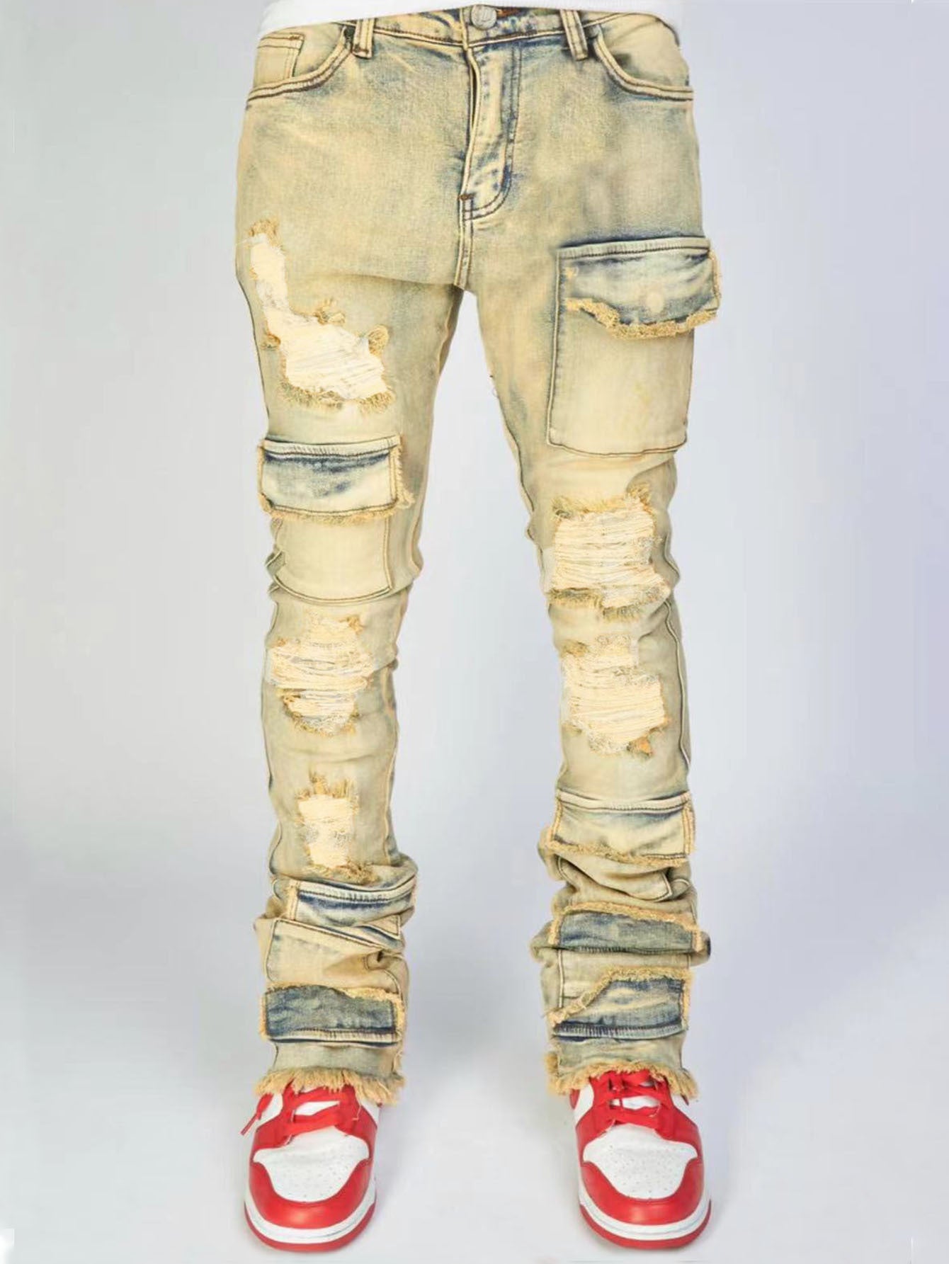 Straight-leg Overalls Stretch Ripped Laminated Micro-Pull Pants