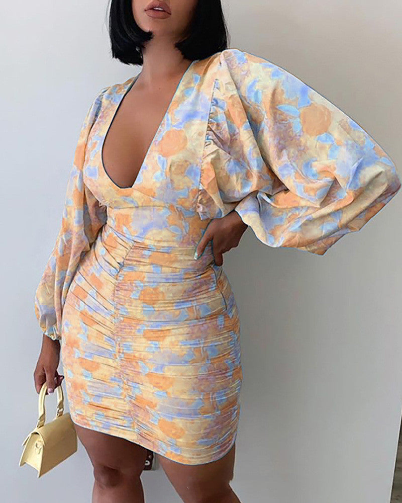 Printed V-Neck Long-Sleeved Dress