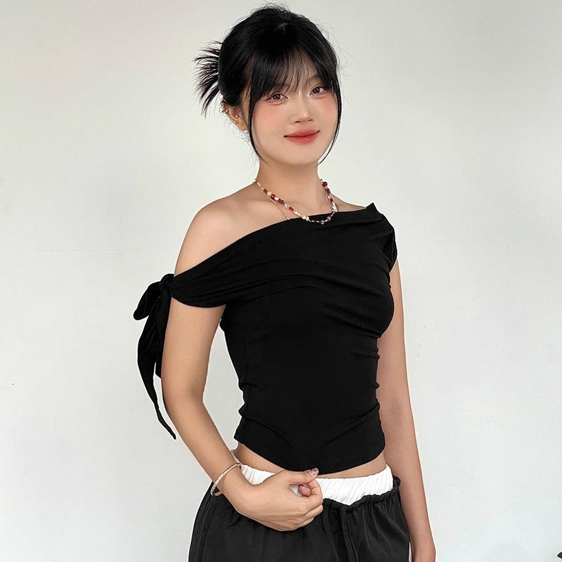 Pleated One-shoulder Backless Twisted Lace-up Asymmetric Top