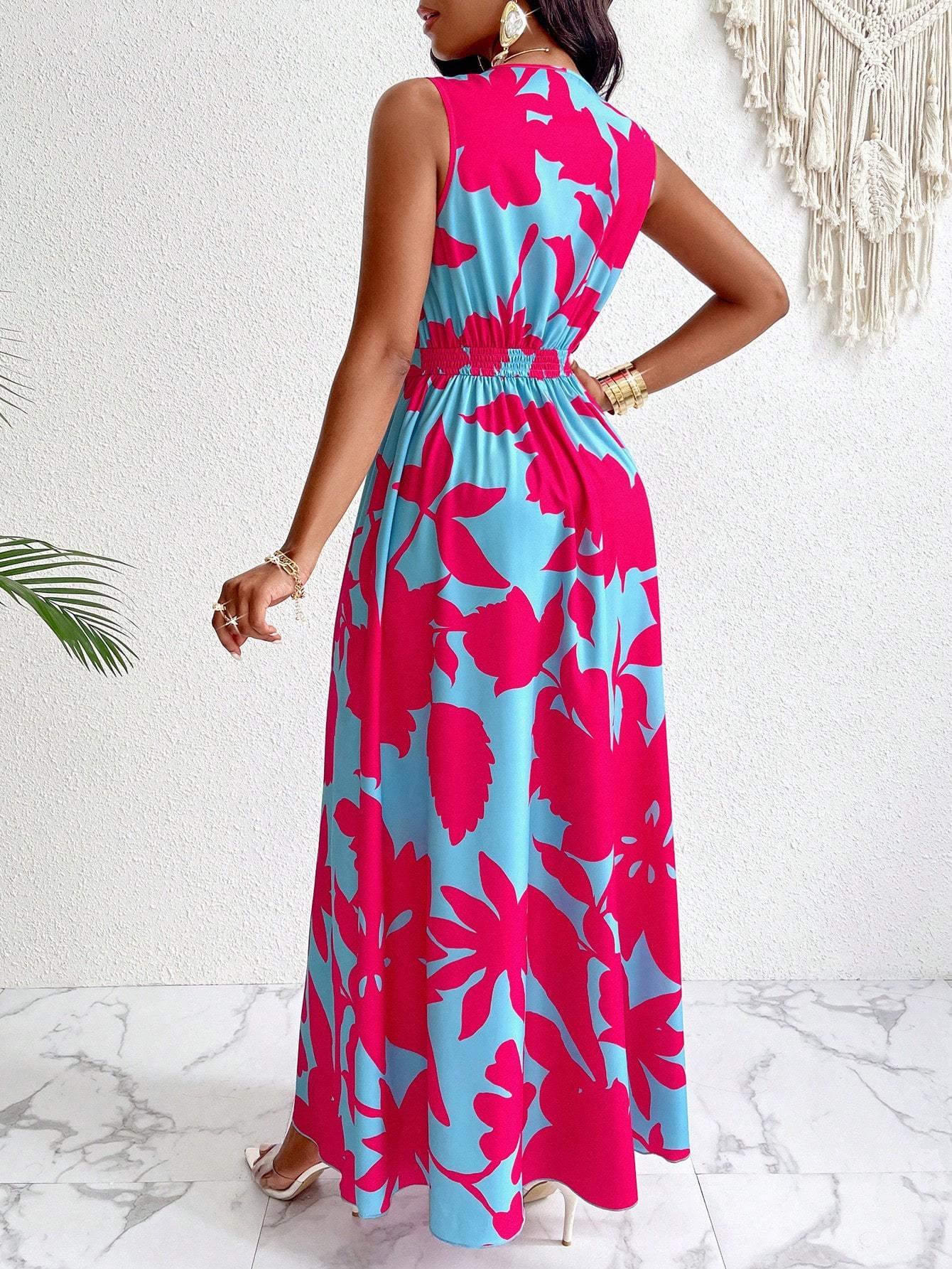 Printed Deep V Neckline Cinched Waist Fit and Flare Dress