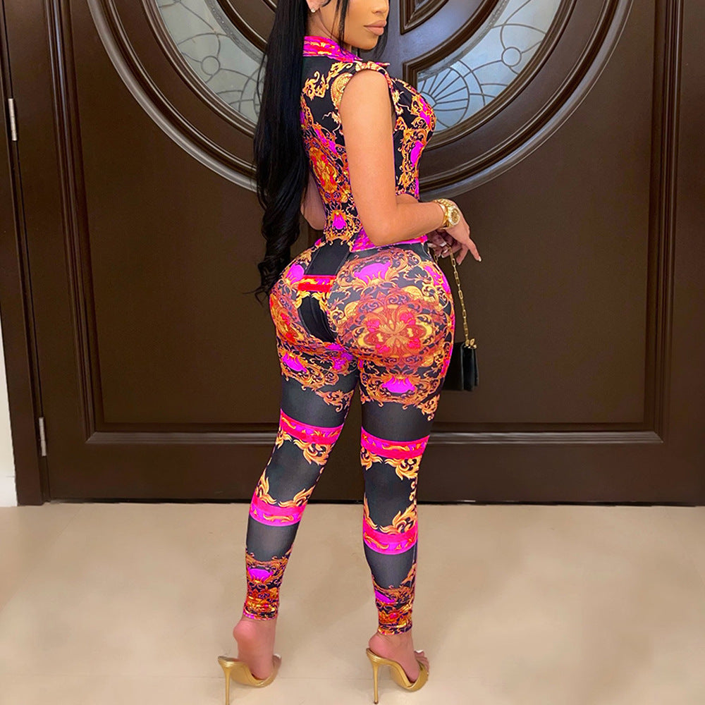 Sexy V-Neck Tight-Fitting Digital Positioning Printing Two-Piece Set