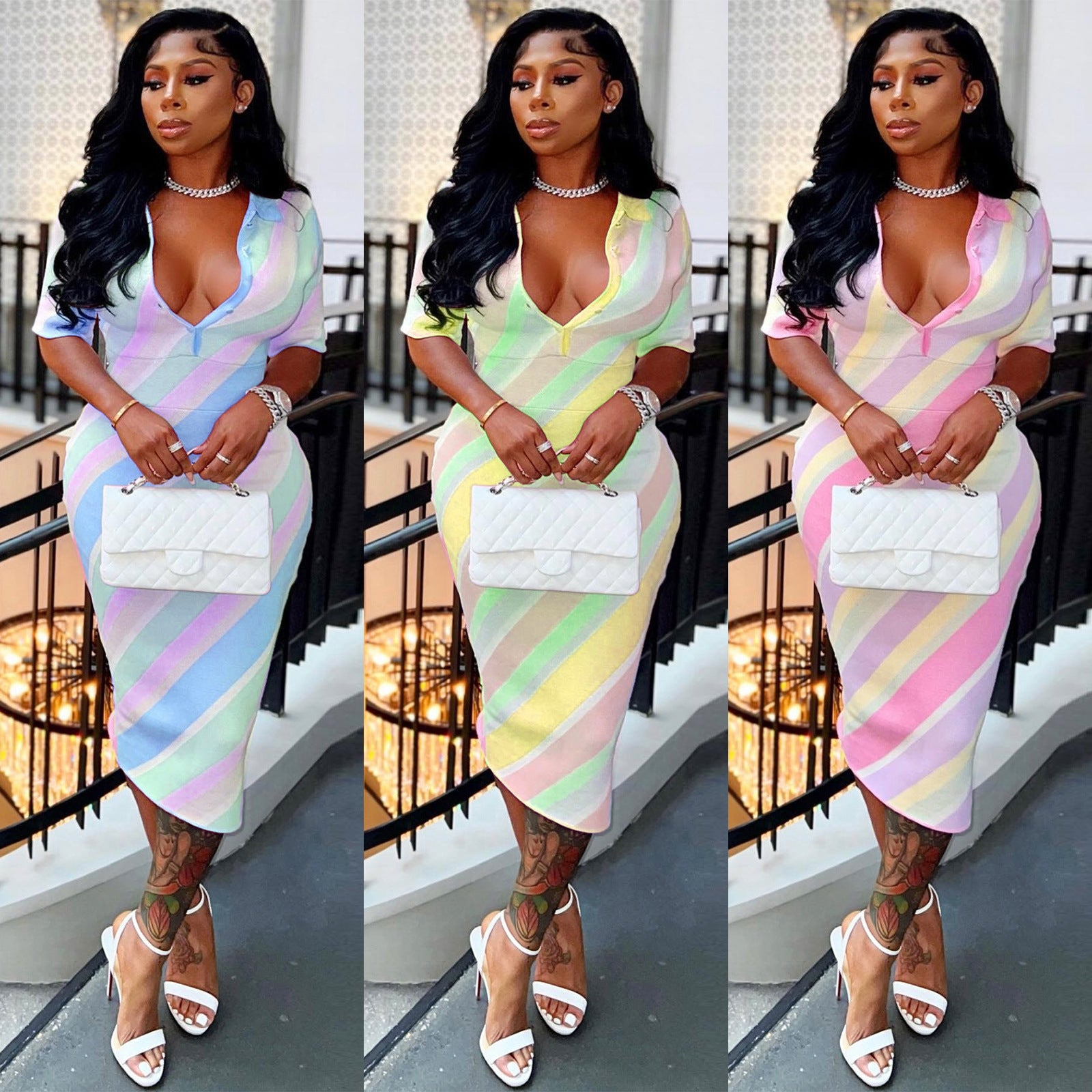 Digital Stripe Color Contrast Positioning Print Tight V-neck Dress
