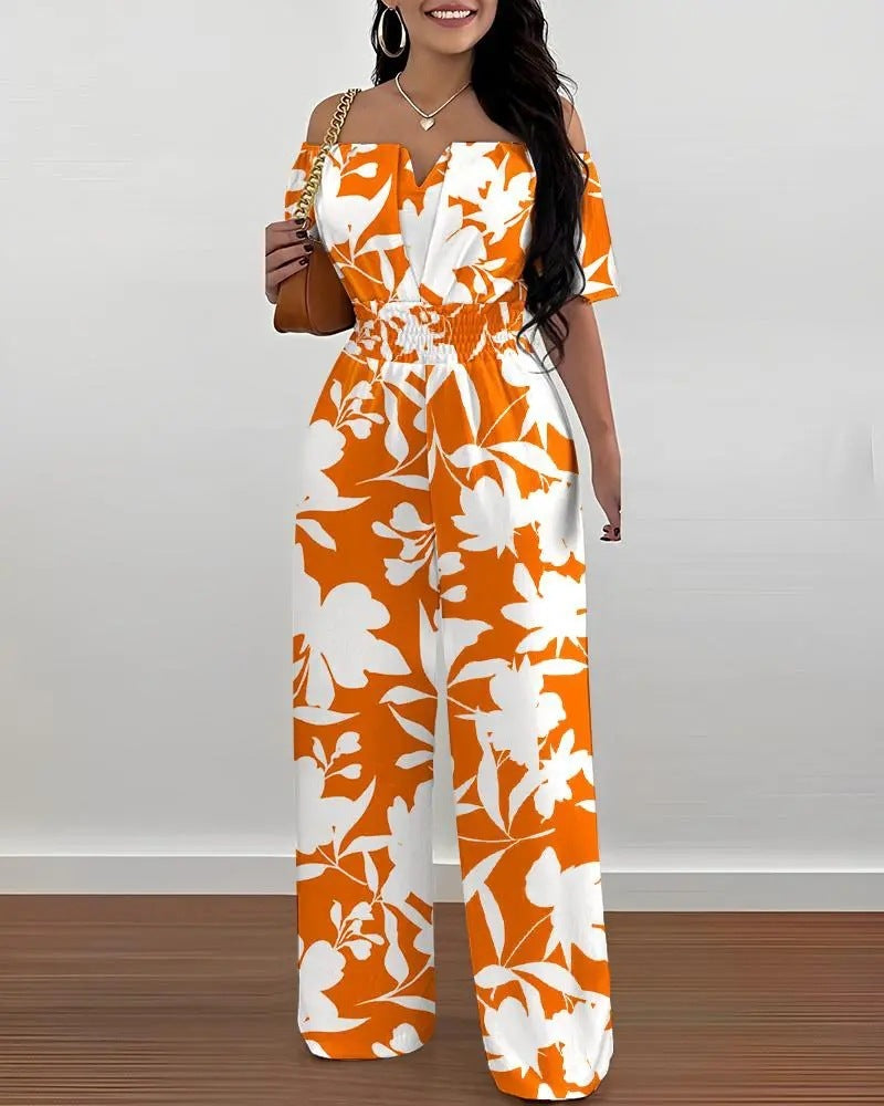 Printed Off-shoulder Fitted Waist Jumpsuit