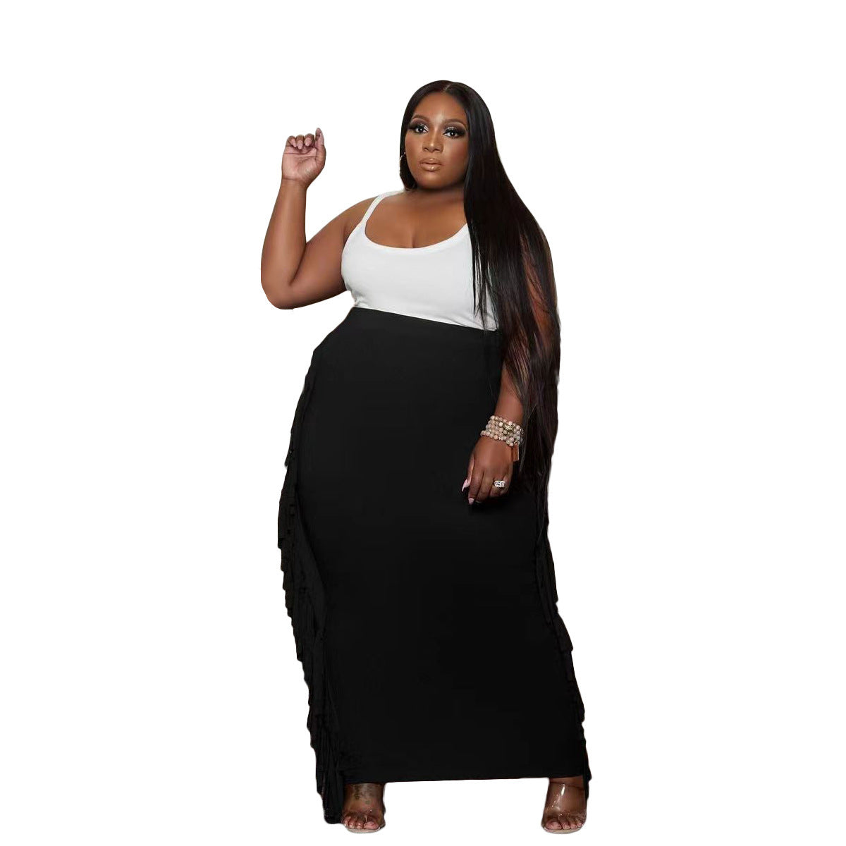 Double-sided Brushed Fabric Fringed Maxi Skirt