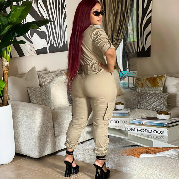 Multi-pocket Tight Waist One-piece Jumpsuit