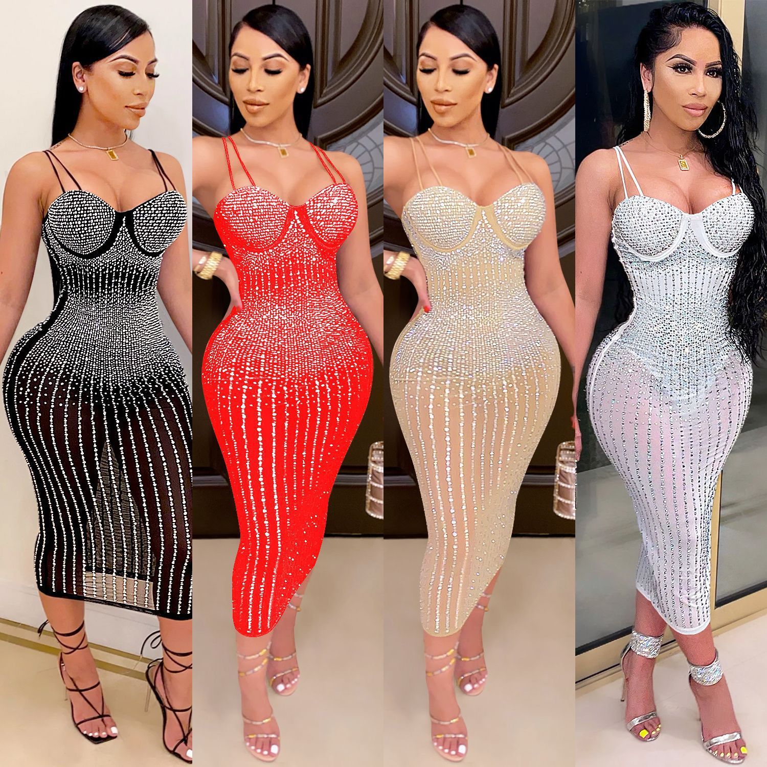 Mesh Perspective Hot and Diamond Sling Dress