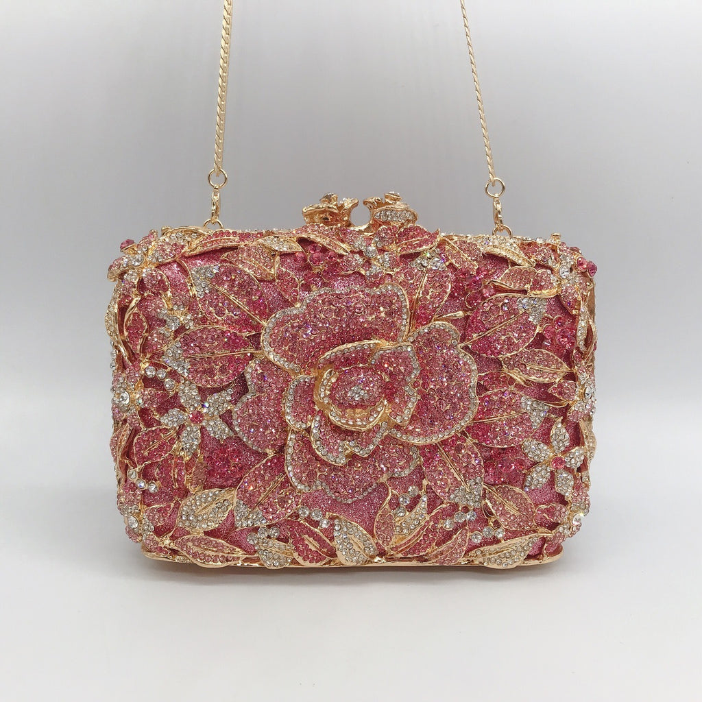 Metal Rose Diamond Chain Clutch
