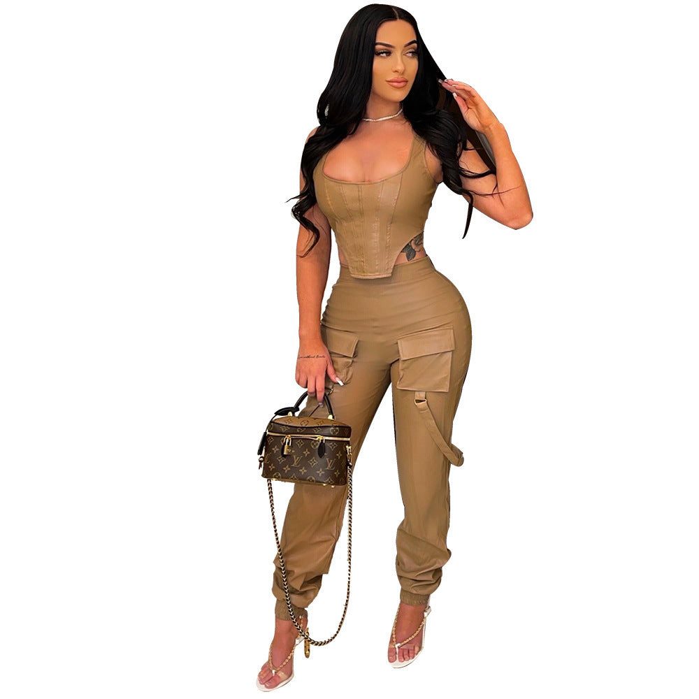 Solid Color Sleeveless Two Pc Pant Set