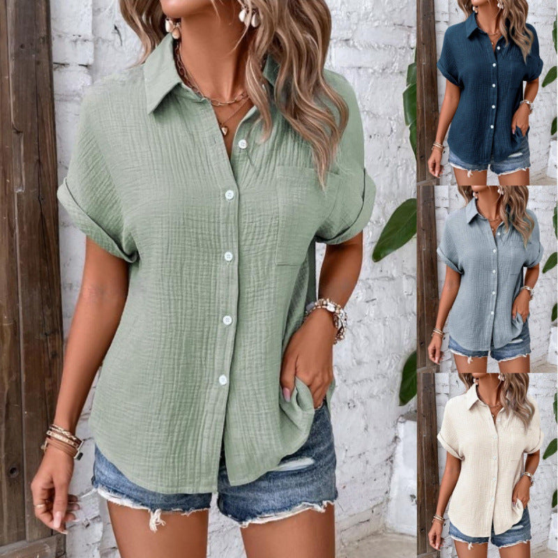 Cotton Solid Color Casual Button Shirt with Pocket