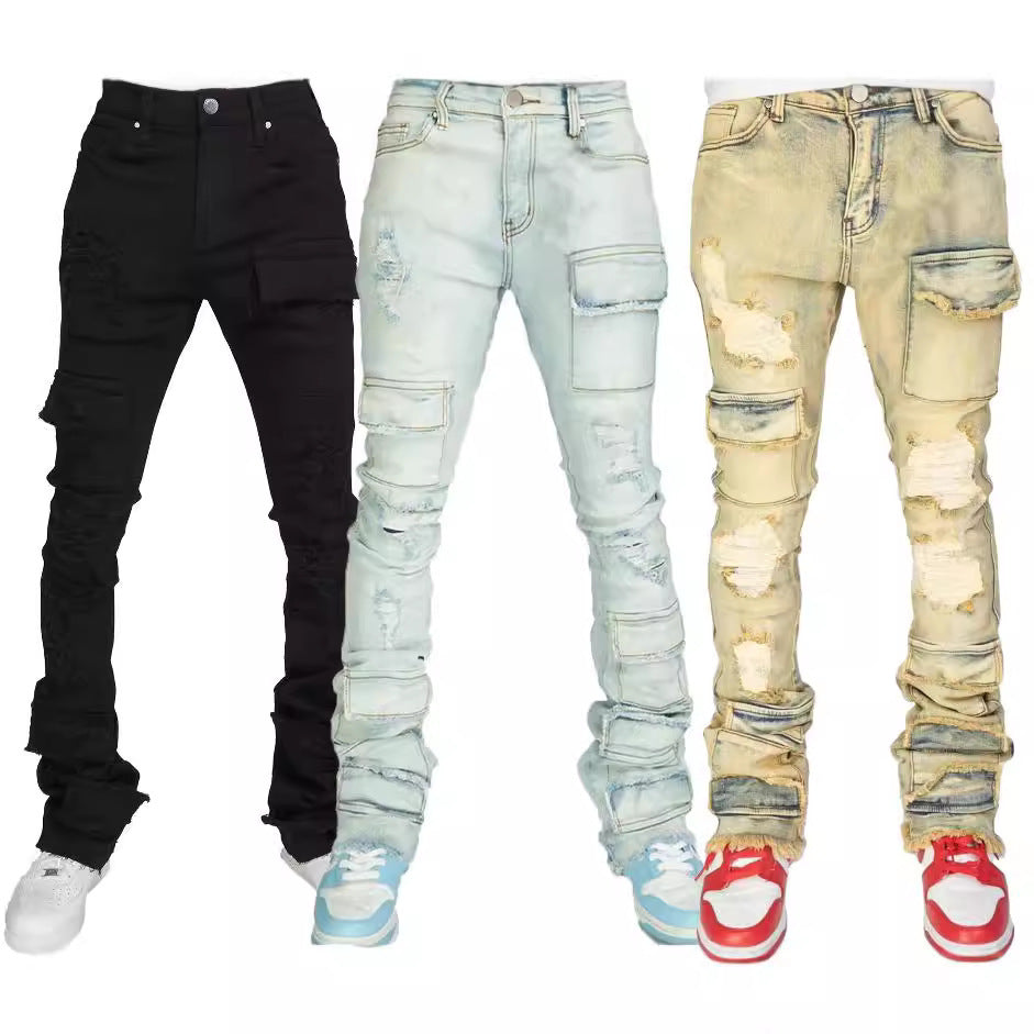 Straight-leg Overalls Stretch Ripped Laminated Micro-Pull Pants