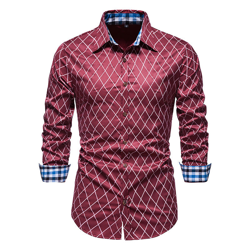 Contrast Color Long-sleeved Diamond Check Button Shirt