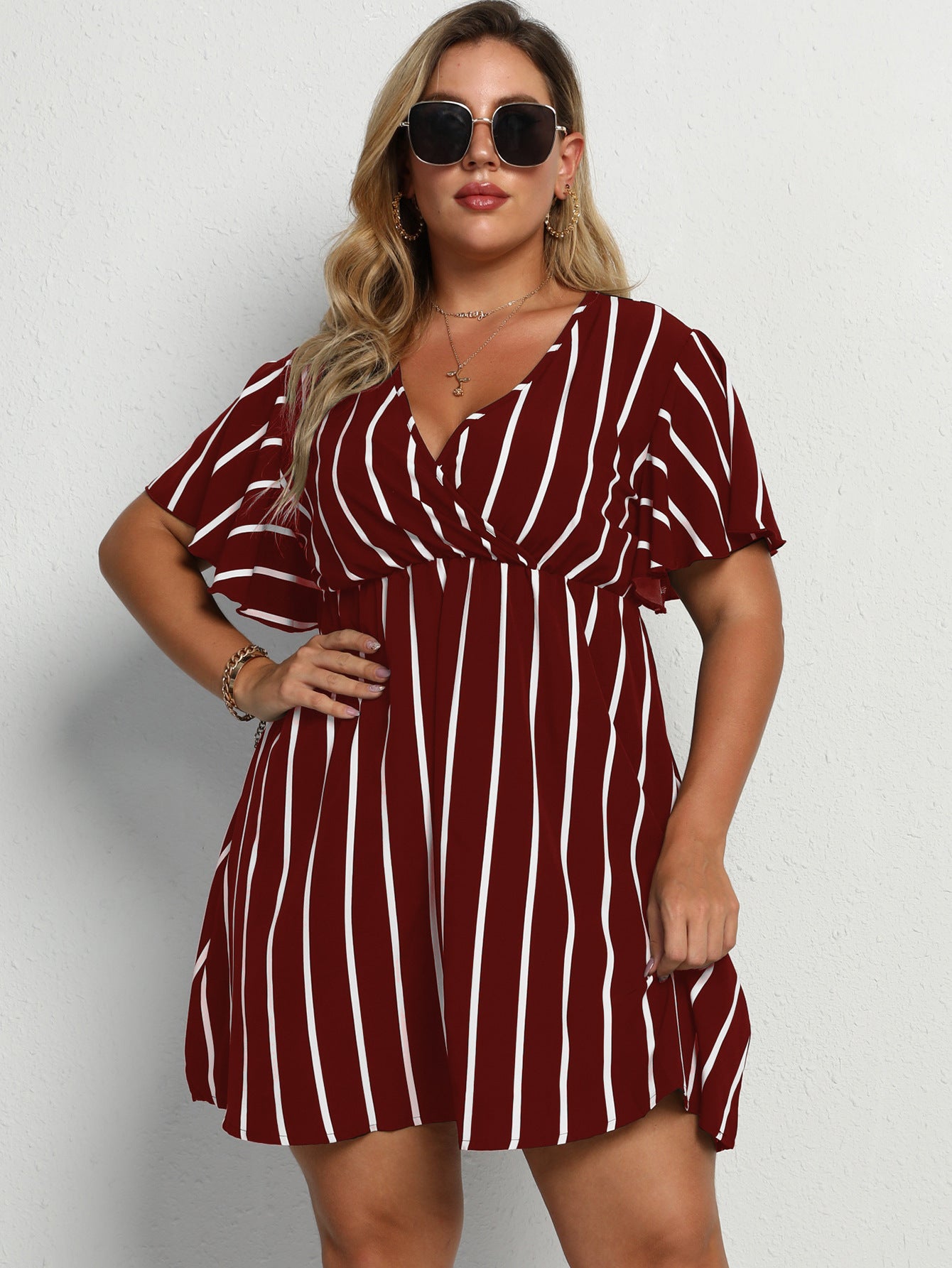 Loose V-Neck Patchwork Striped Dress