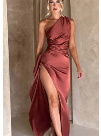 One-Shoulder Satin Backless Slit Dress