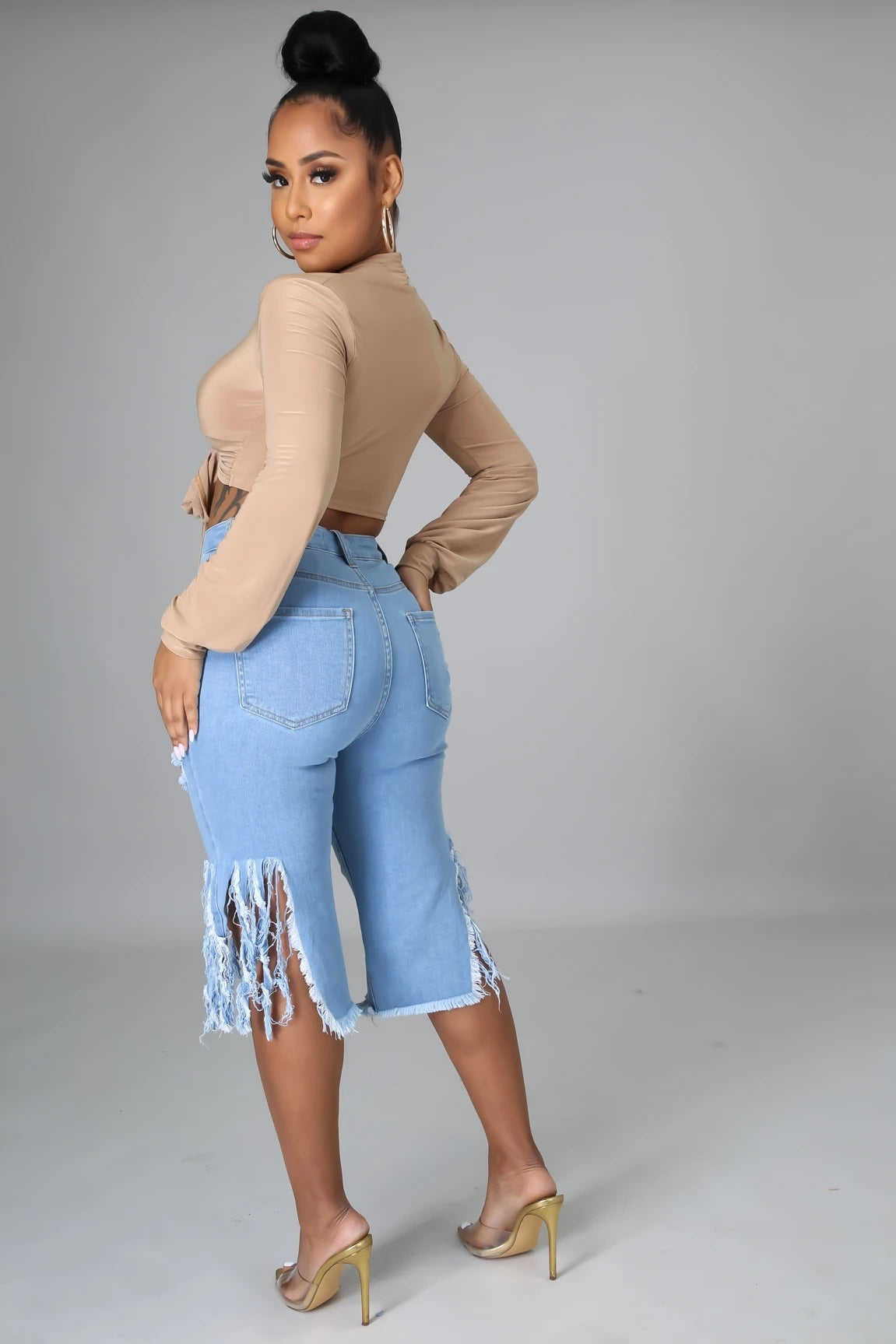 Stylish Ripped Elastic Fringed Jeans High Waist Knee-length Casual Slim Fit