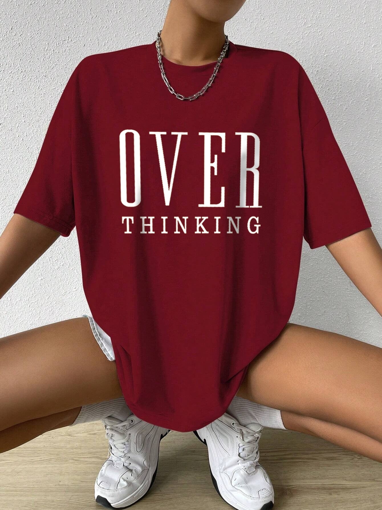 Over Thinking Letter Print Cotton Short Sleeve Top