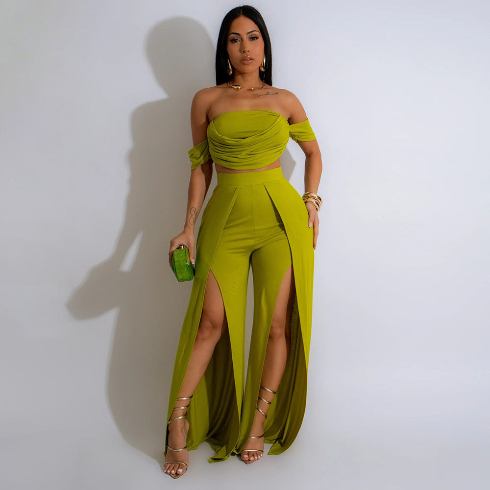 Casual Tube Top Split Wide Leg Pants Set