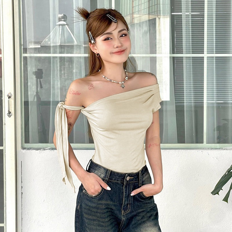 Pleated One-shoulder Backless Twisted Lace-up Asymmetric Top